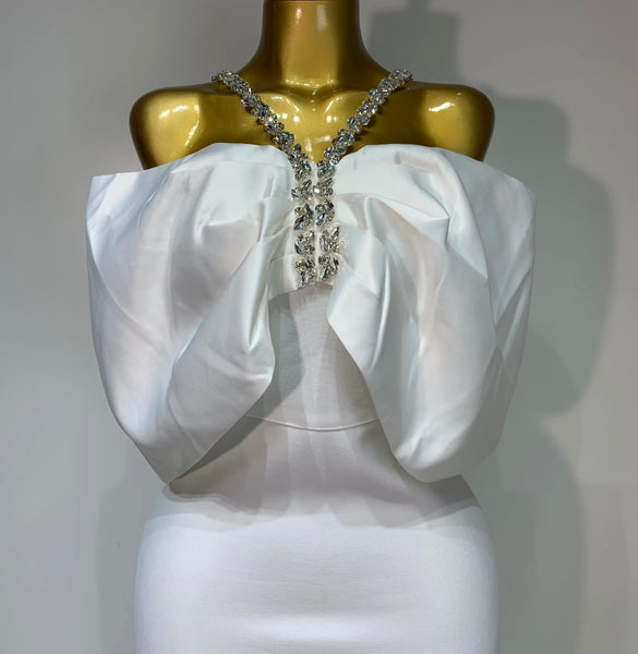 Women Sexy Rhinestone Bow White Maxi Bandage Dress