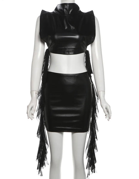 Women Sexy Sleeveless Black Tassel Two Piece PU Skirt Set