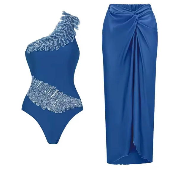 Women Sexy Sequins One Shoulder Swimsuit Cover Up Set