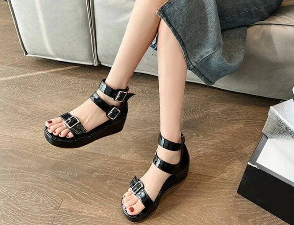 Women Patent Leather Platform Ankle Strap Sandals