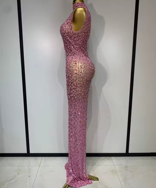 Women Sexy Sleeveless Color Crystal Mesh Maxi Dress