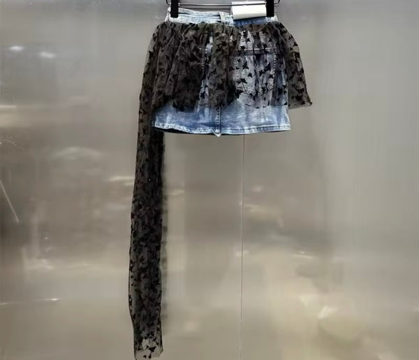 Women Sexy Fashion Denim Star Mesh Skirt