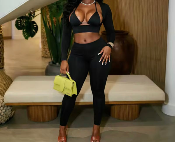 Women Sexy Cut Out Full Sleeve Crop Two Piece Pant Set
