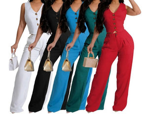 Women Fashion Button Up Two Piece Sleeveless Pant Set