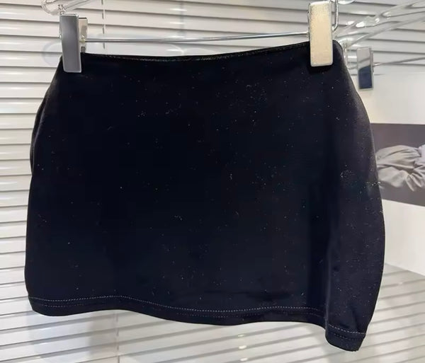 Women Sexy Black Velour Chain Halter Two Piece Skirt Set