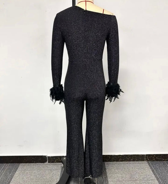 Women Sexy Black Feather Full Sleeve Sparkly Jumpsuit