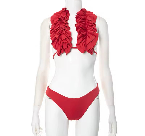 Women Sexy Color Ruffled Halter Bikini Swimsuit