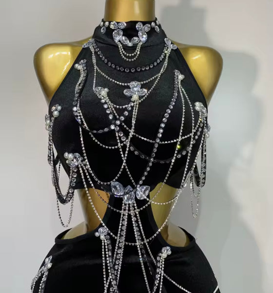 Women Black Sexy Chain Cut Out Open Back Velour Maxi Dress