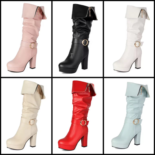 Women Round Toe Zip Up Buckle Platform High Heel Boots
