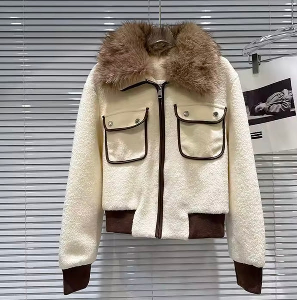 Women Fashion Fur Patchwork Jacket Two Piece Pleated Skirt Set