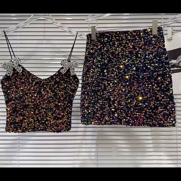 Women Rhinestone Bow Sexy Sleeveless Multicolored Sequins Two Piece Skirt Set