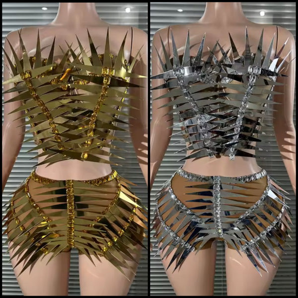 Women Sexy Strapless Chrome Spiked Embellish Two Piece Short Set