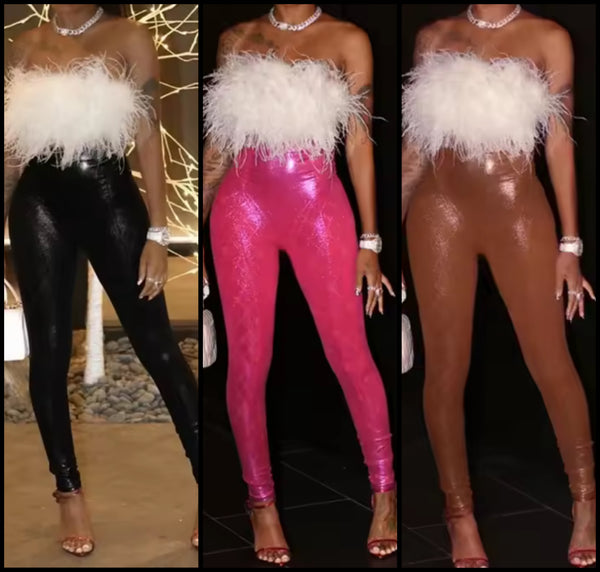 Women Sexy Fur Strapless PU Jumpsuit