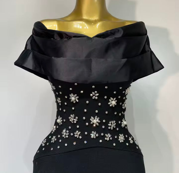 Women Off The Shoulder Floral Rhinestone Black Maxi Dress