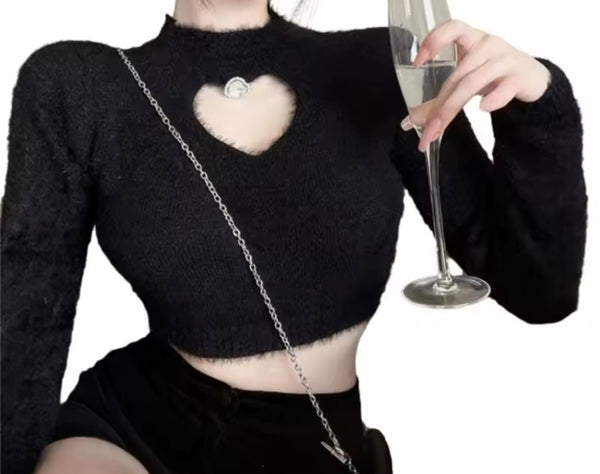Women Fashion Furry Cut Out Heart Full Sleeve Crop Top