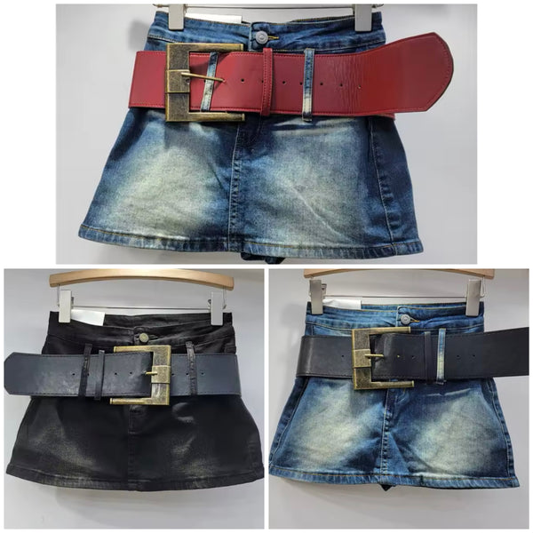 Women Fashion Color Belted Denim Skirt