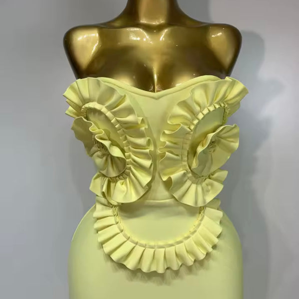 Women Yellow Ruffled Strapless Sexy Maxi Dress