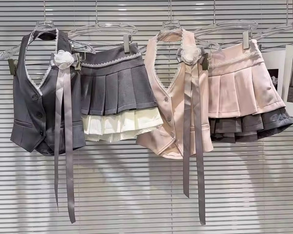 Women Halter Sleeveless Color Patchwork Two Piece Pleated Skirt Set
