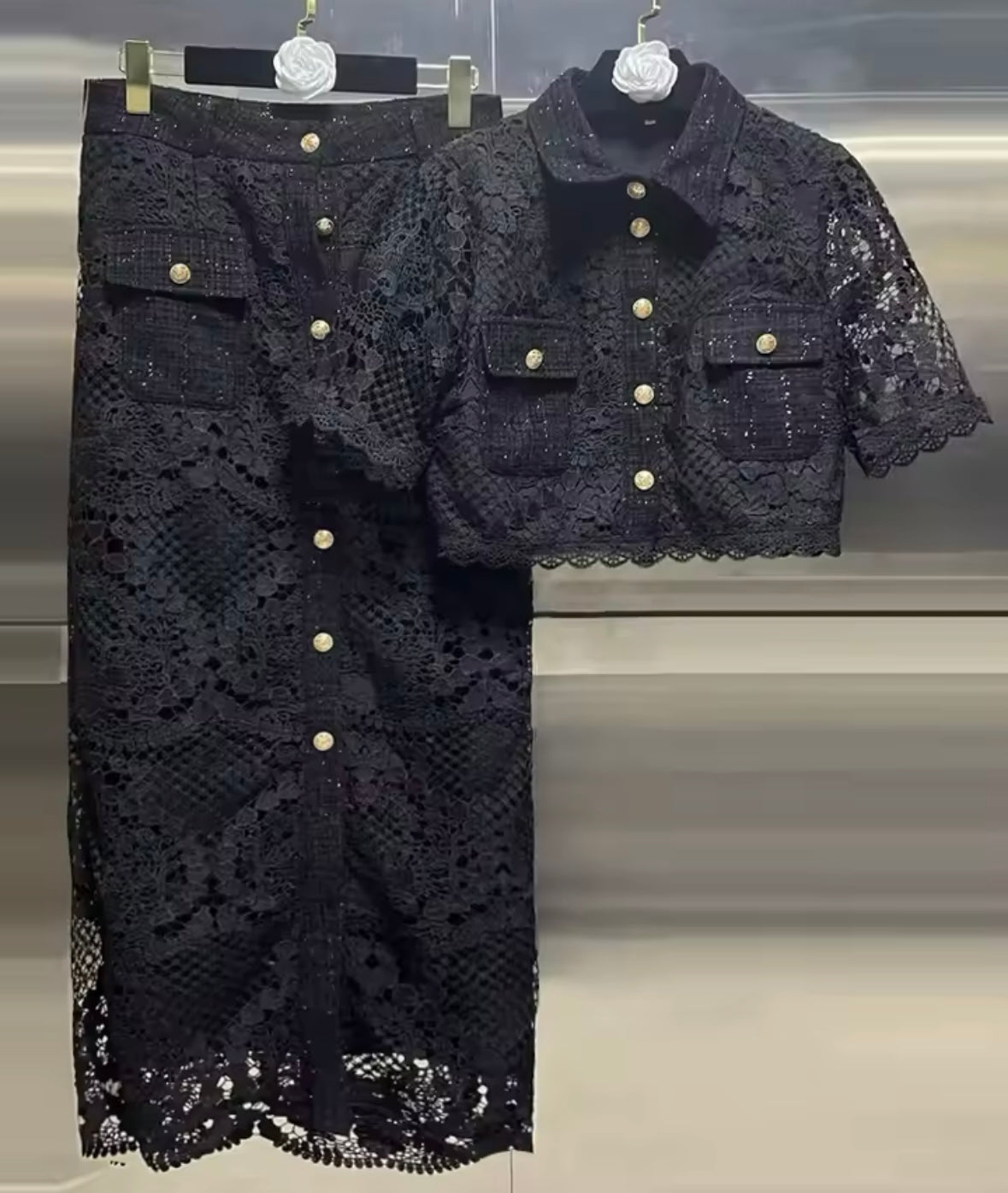 Women Button Up Short Sleeve Tweed Lace Two Piece Skirt Set