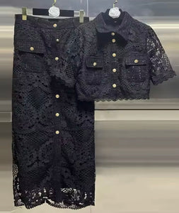 Women Button Up Short Sleeve Tweed Lace Two Piece Skirt Set
