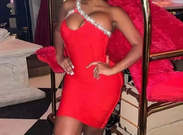 Women Sexy Bling Rhinestone One Shoulder Sleeveless Dress