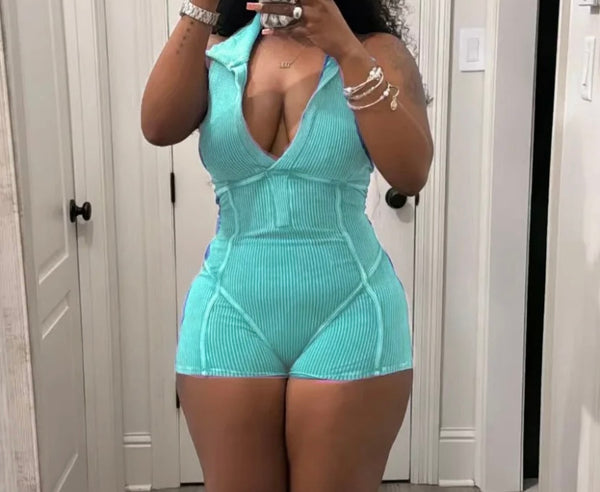 Women Fashion Ribbed Sleeveless Solid Color Romper