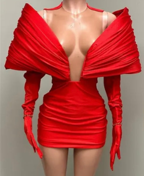 Women Red Sexy Glove Full Sleeve Dress