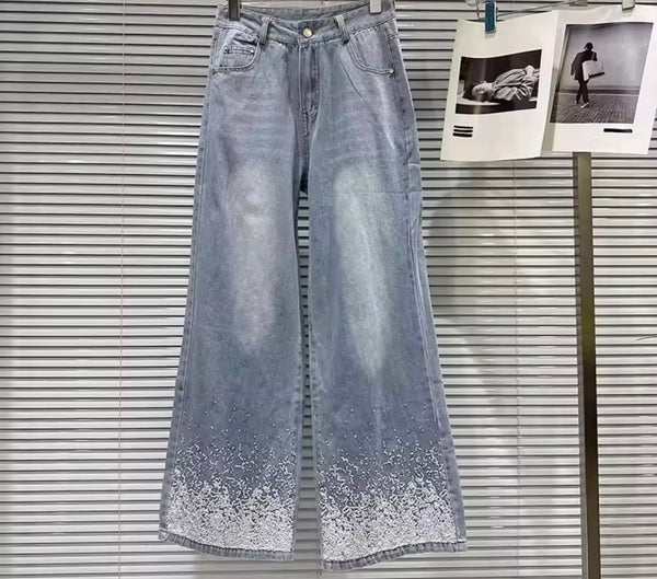 Women Fashion Blue Sequins Patchwork Denim Pants