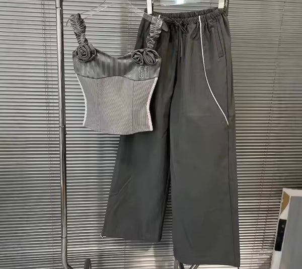 Women Gray Sleeveless Fashion Striped Two Piece Pant Set