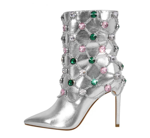 Women Silver Color Gem Fashion Ankle Boots