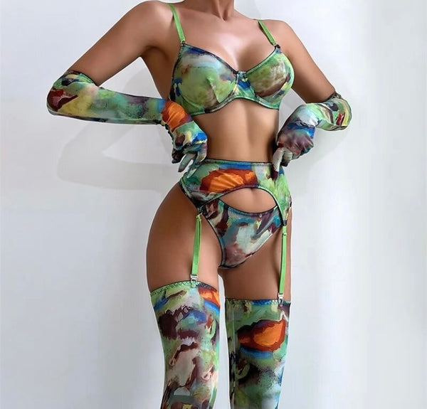 Women Sexy Multicolored Print Mesh Glove Stockings Lingerie Set