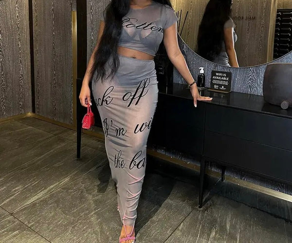 Women Sexy Letter Print Short Sleeve Mesh Two Piece Maxi Skirt Set