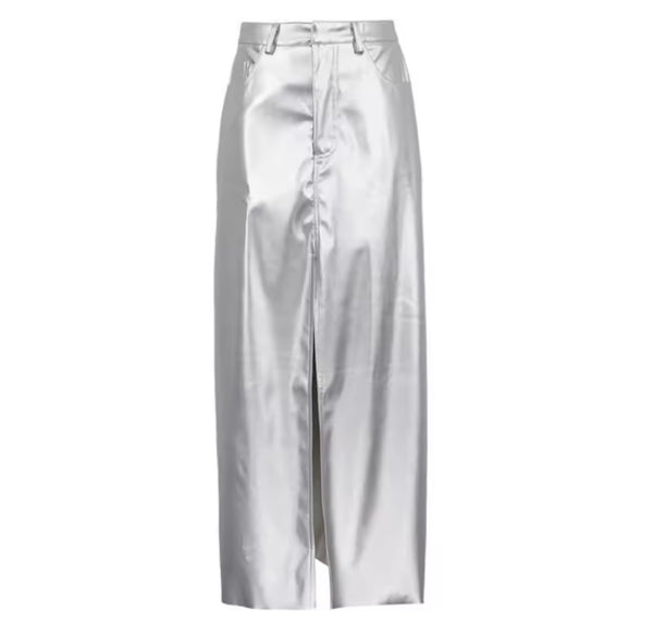 Women Silver Front Split Fashion Faux Leather Maxi Skirt