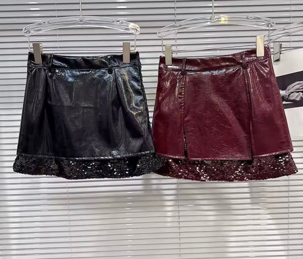 Women Sexy Full Sleeve Two Piece Sequins PU Leather Skirt Set