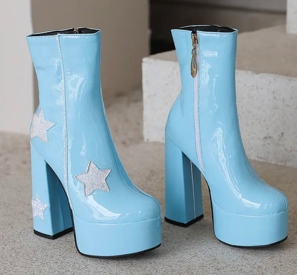 Women Fashion Star Patent Leather Platform High Heel Ankle Boots