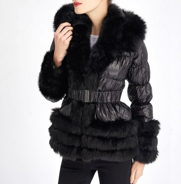 Women Fashion Hooded Faux Fur Patchwork Belted Jacket