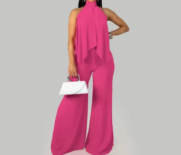 Women Halter Sleeveless Asymmetrical Top Two Piece Pant Set