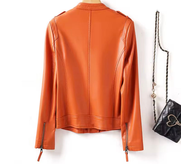 Women Color Fashion Faux Leather Jacket