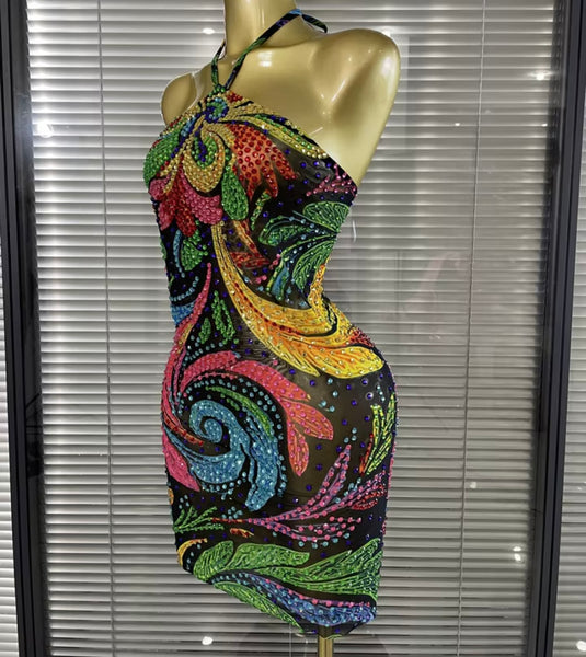 Women Sexy Multicolored Halter Sleeveless Rhinestone Dress
