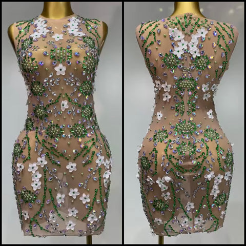 Women Sexy Sleeveless Floral Color Crystal Mesh Dress