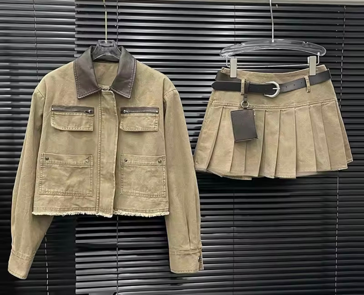 Women Fashion Jacket Belted Two Piece Pleated Skirt Set