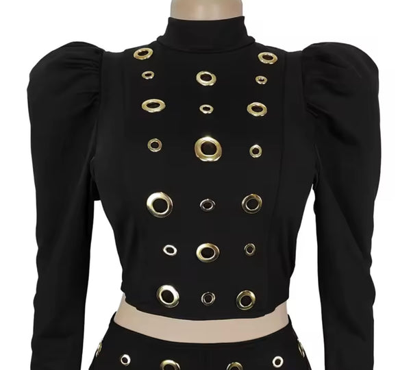 Women Sexy Fashion Color Full Sleeve Metal Ring Two Piece Skirt Set