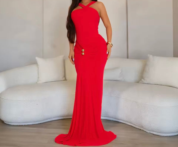 Women Sleeveless Solid Color Ruched Sexy Maxi Dress