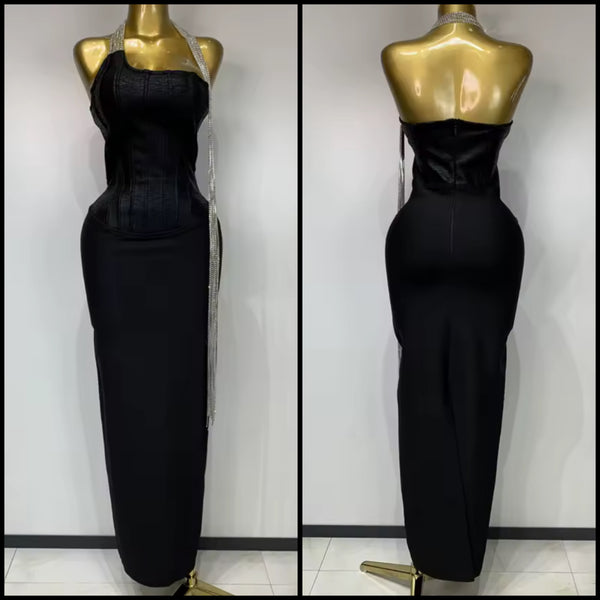 Women Sexy Black Rhinestone Chain Sleeveless Maxi Dress