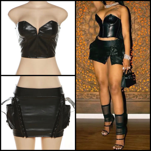 Women Sexy Strapless Black Faux Leather Two Piece Skirt Set