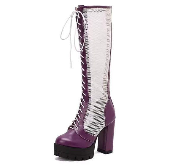 Women Color Buckled Mesh Lace Up Platform Knee High Fashion Boots