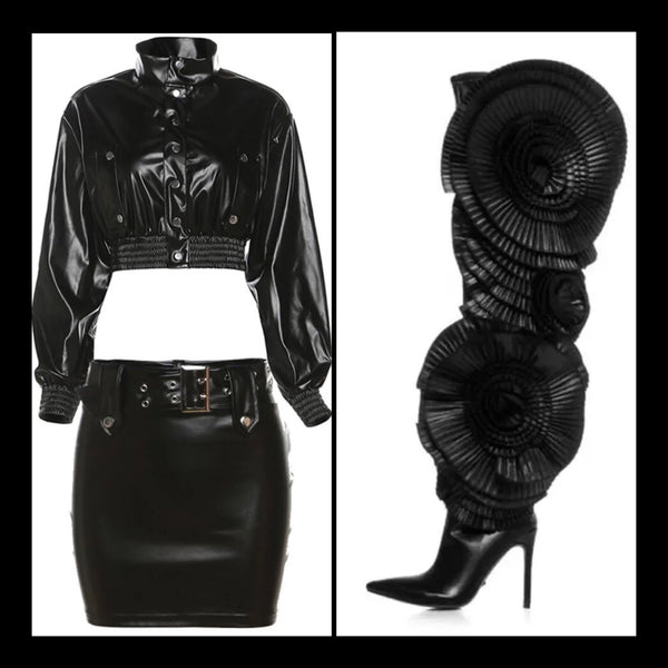 Women Sexy Fashion Black Faux Leather Two Piece Jacket Skirt Set