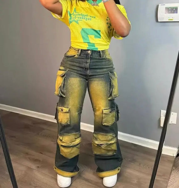 Women Fashion Yellow Paint Patchwork Cargo Denim Pants