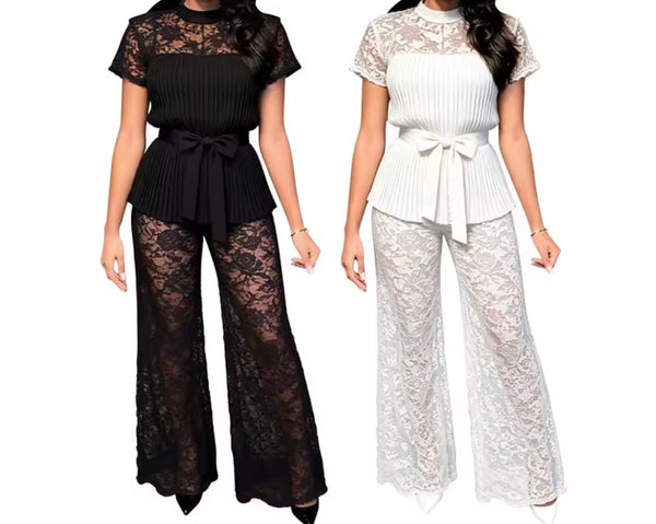 Women Pleated Lace Belted Short Sleeve Two Piece Pant Set