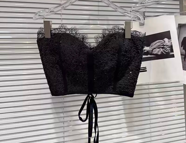 Women Sexy Lace Strapless Corset Two Piece Faux Leather Pant Set